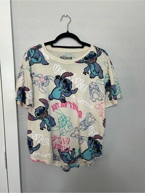 Disney Stitch Allover Graphic Tee - Cream with Blue & Pink